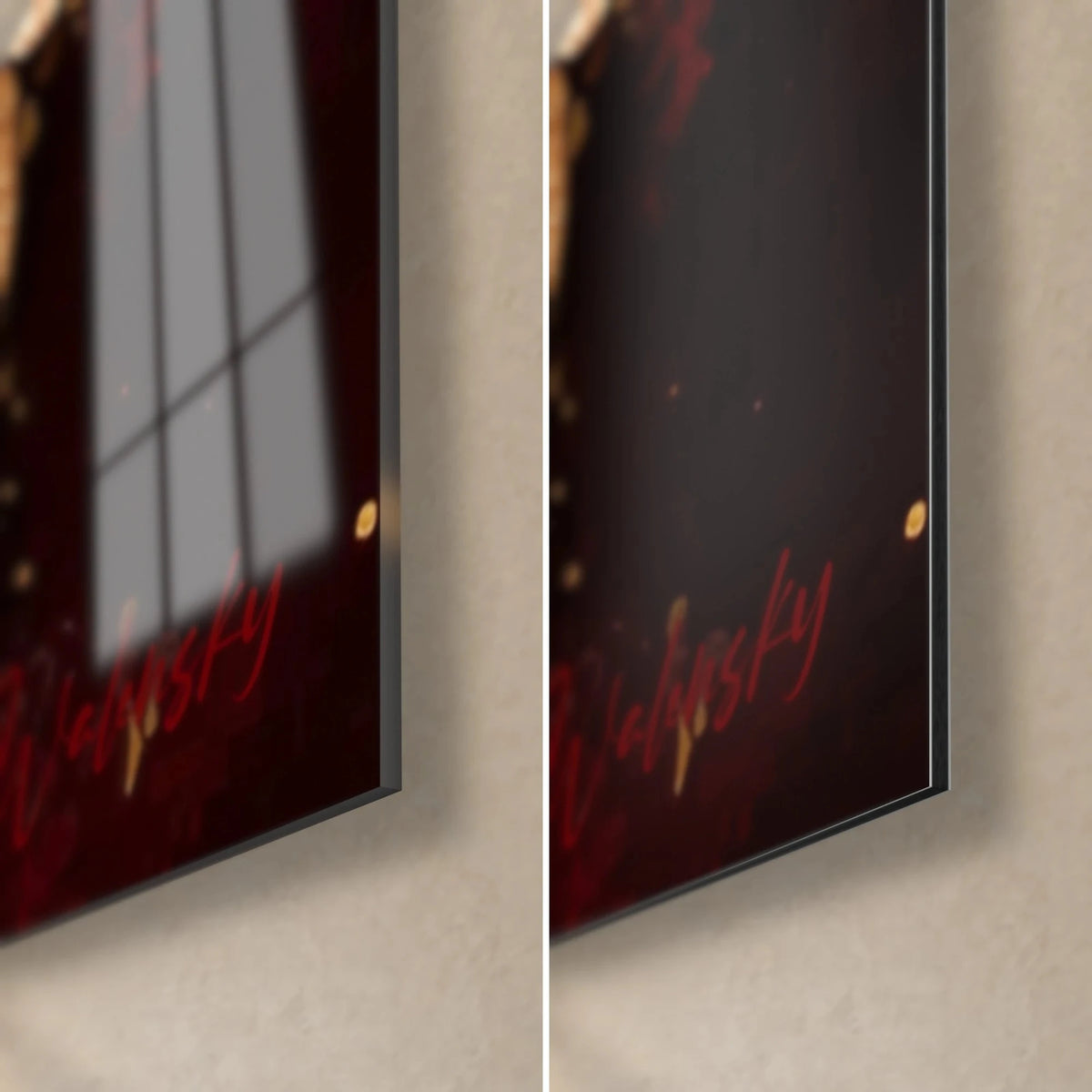 Gemälde rote und goldene Herzen, untere rechte Ecke: glänzendes Acrylglas links, mattschwarzes Dibond-Aluminium rechts, 3 mm Kante