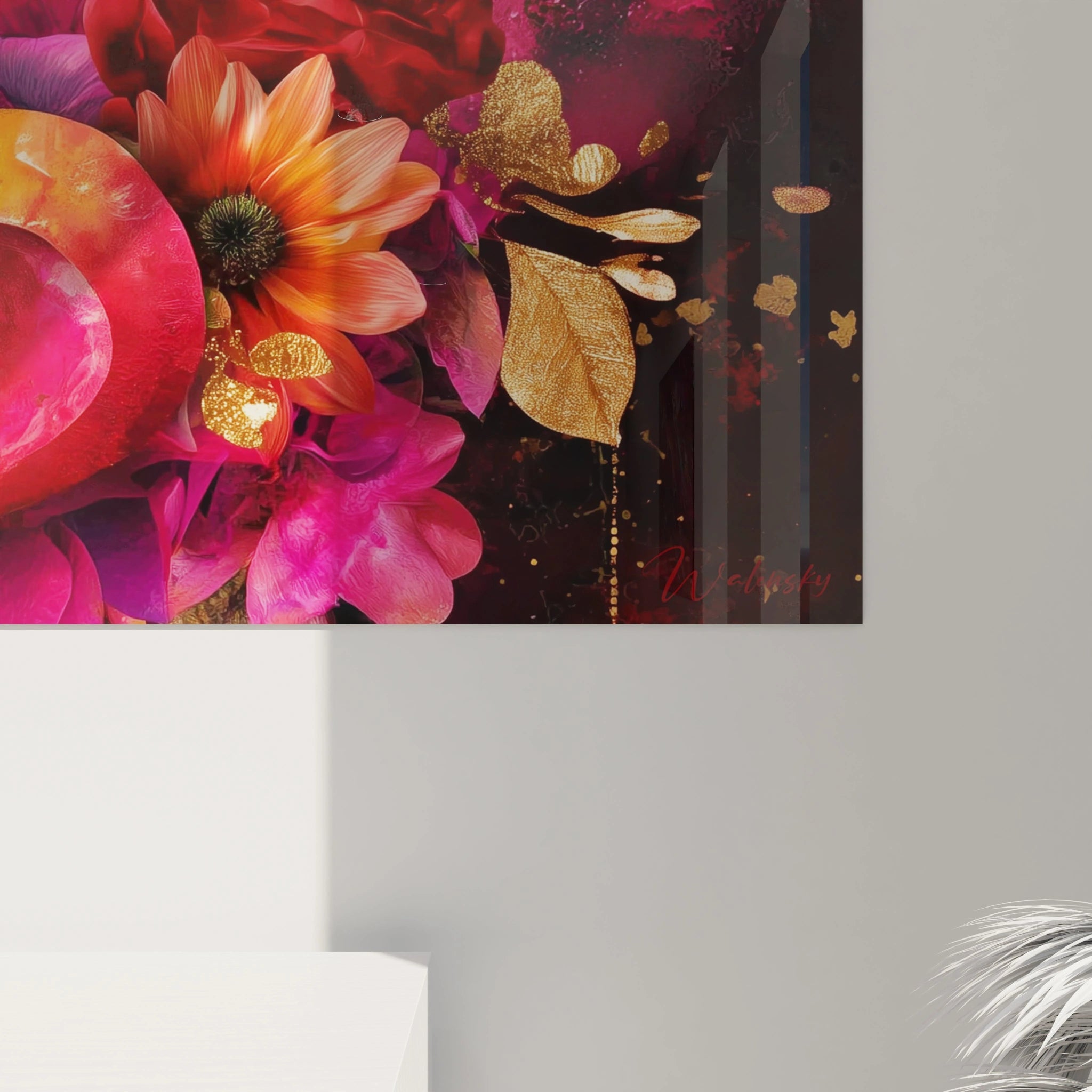 Tableau mural Walensky fleurs colorées et accents dorés, design romantique tableau cœur saint valentin