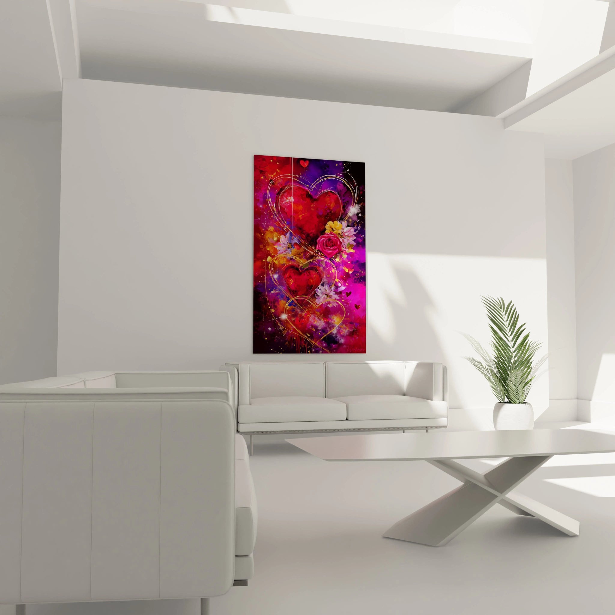Tableau mural Walensky romantique rouge et rose avec roses et cœurs décoration salon tableau saint valentin cœurs
