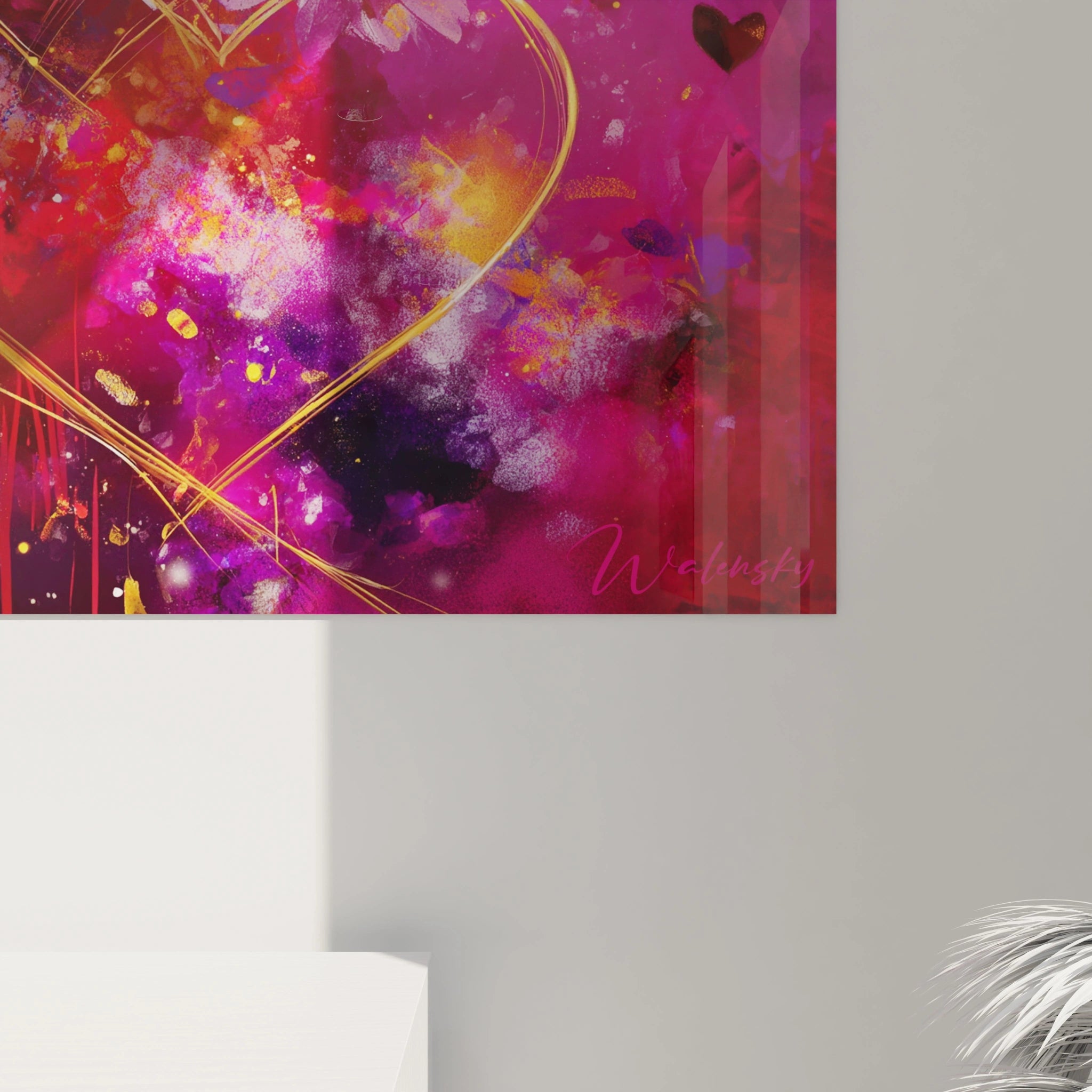 Tableau mural Walensky abstrait rose violet avec coeur doré décor mural moderne pour salon tableau saint valentin cœurs