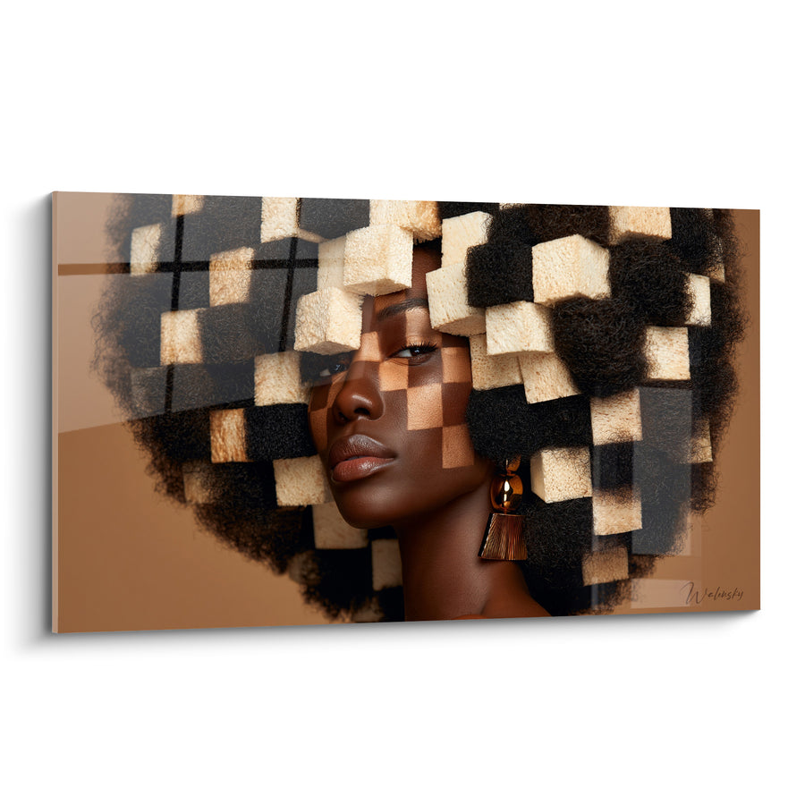 Tableau Femme afro à motif damier ivoire - Fragments d'identité - Edition Coiffure