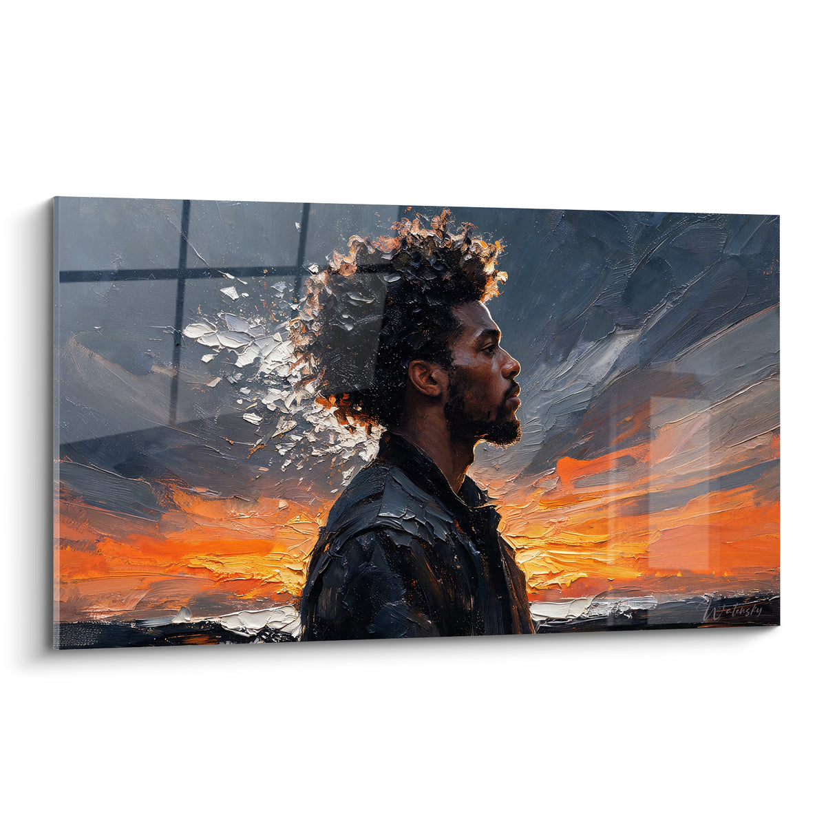 Homme afro de profil, cheveux anthracite et éclats blancs, ciel orange embrasé en arrière-plan peint
