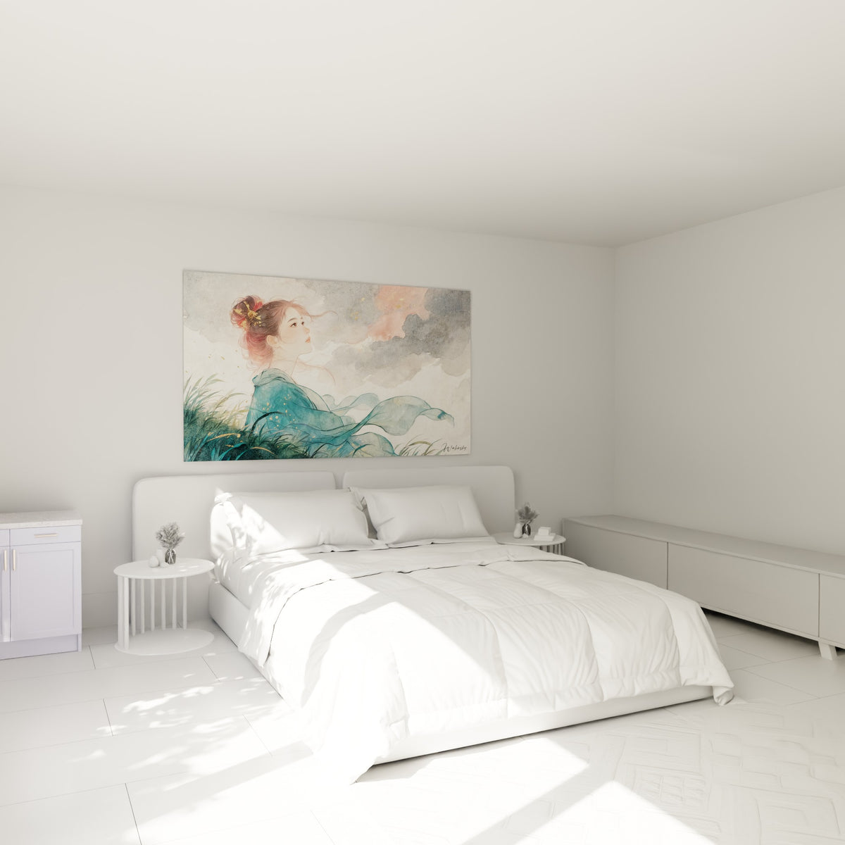 Portrait aquarelle turquoise et doré d'une femme au vent, accroché au-dessus d'un lit dans une chambre claire