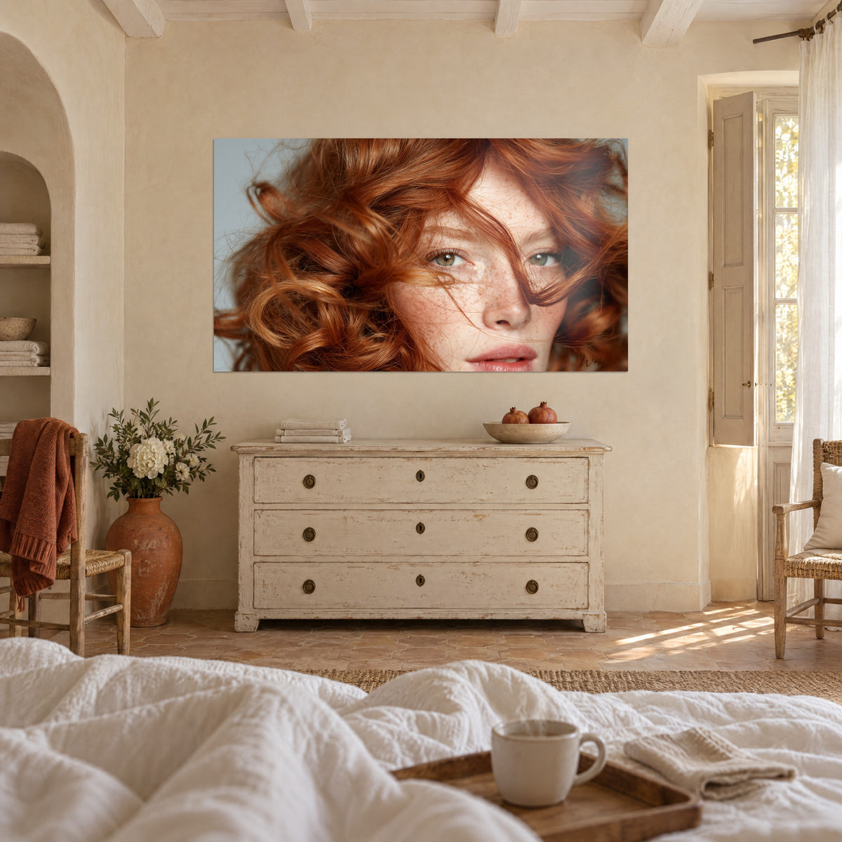 Tableau égérie aux boucles flamboyantes, iris vert et lèvres rosées, mur beige d'un mas provençal au-dessus d'un lit dans une chambre claire