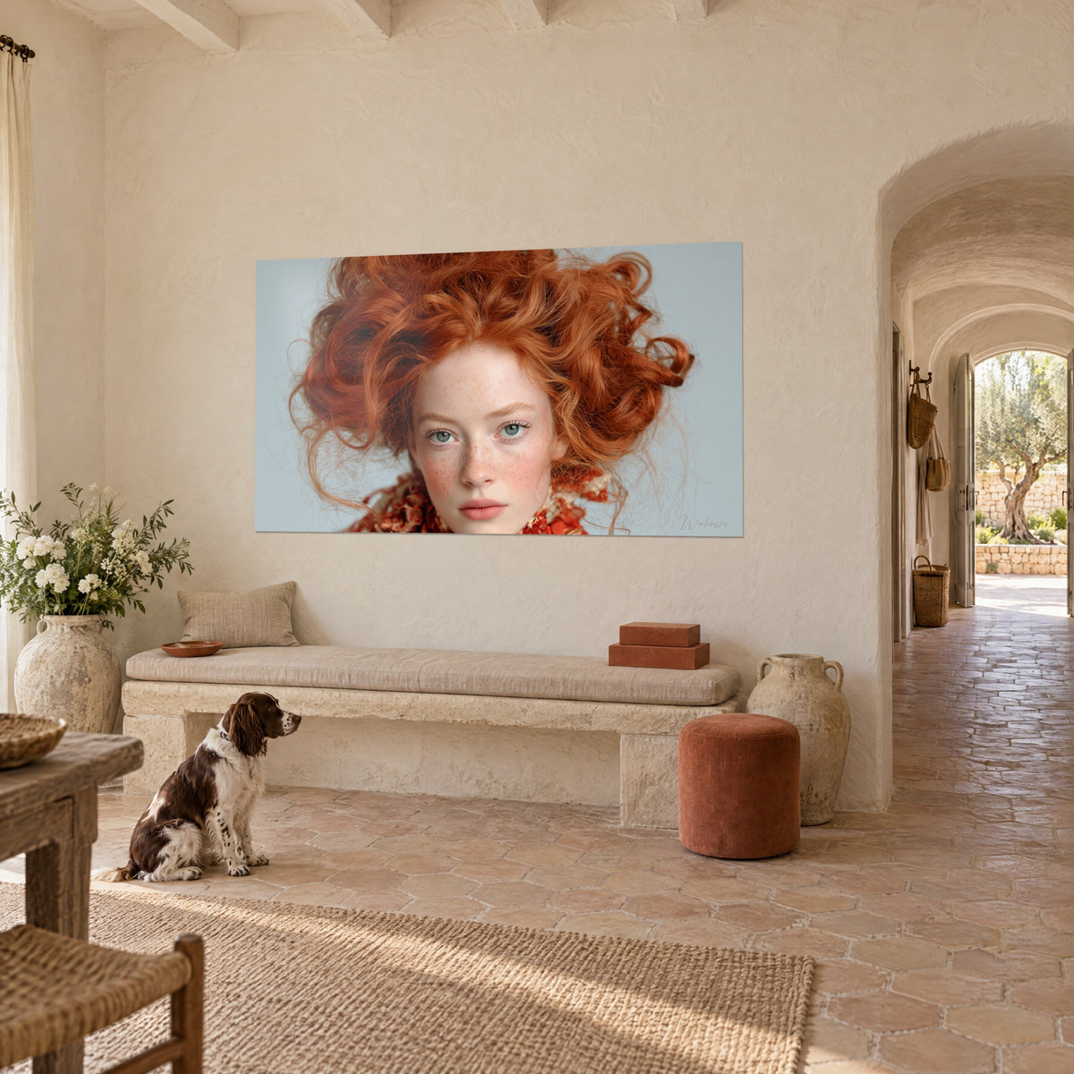Wall art pale face with grey-blue eyes, tousled orange mane against a sky background, in an arched hallway of the Provençal farmhouse