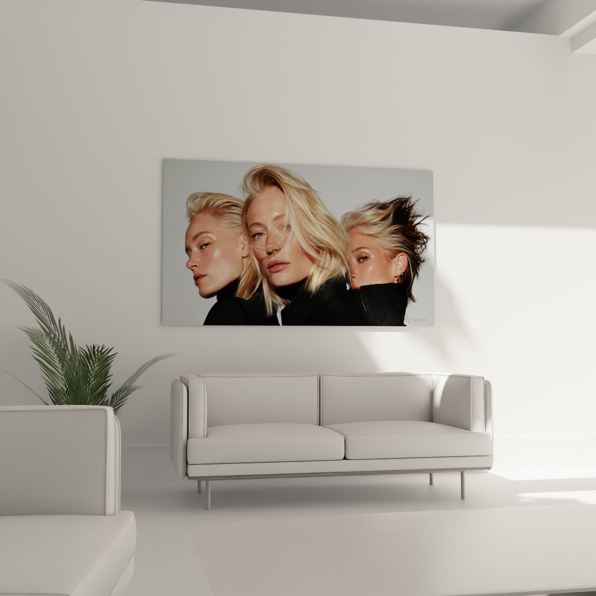 Chevelure blonde en mouvement, tableau Coiffure au-dessus d'un canapé dans un salon lumineux
