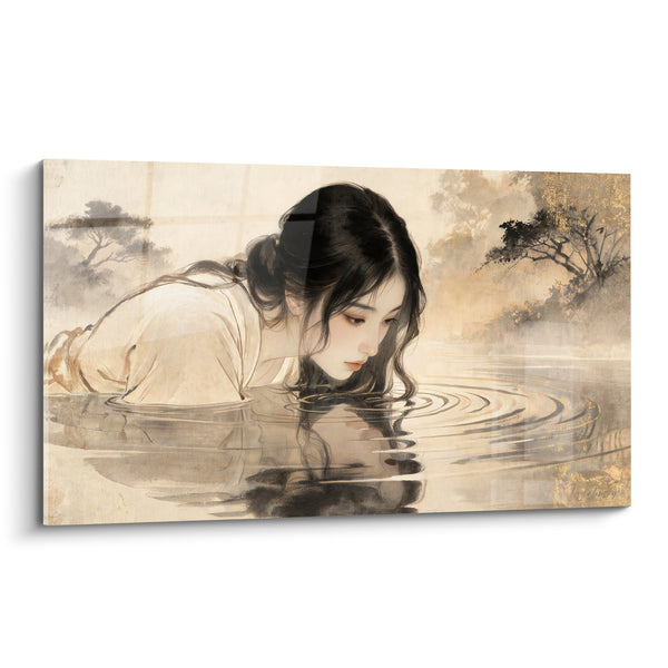 Tableau Femme aux cheveux noirs penchée sur l'eau - Reflet silencieux - Edition Coiffure