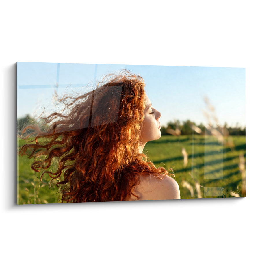 Tableau Chevelure rousse et verte dans un champ - Visage au soleil couchant - Edition Coiffure