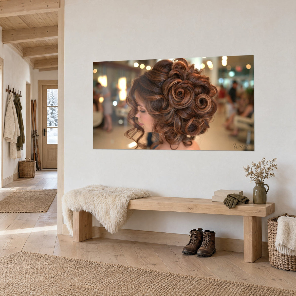 Wall art sculpted hairstyle in copper-brown and honey spirals, nape in profile against a blurred living room backdrop, white wall of a chalet