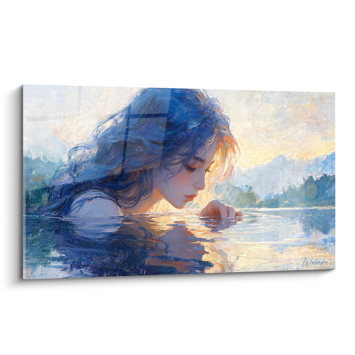 Cuadro mujer de cabello azul marino y reflejos dorados, rostro inclinado sobre el agua de un lago