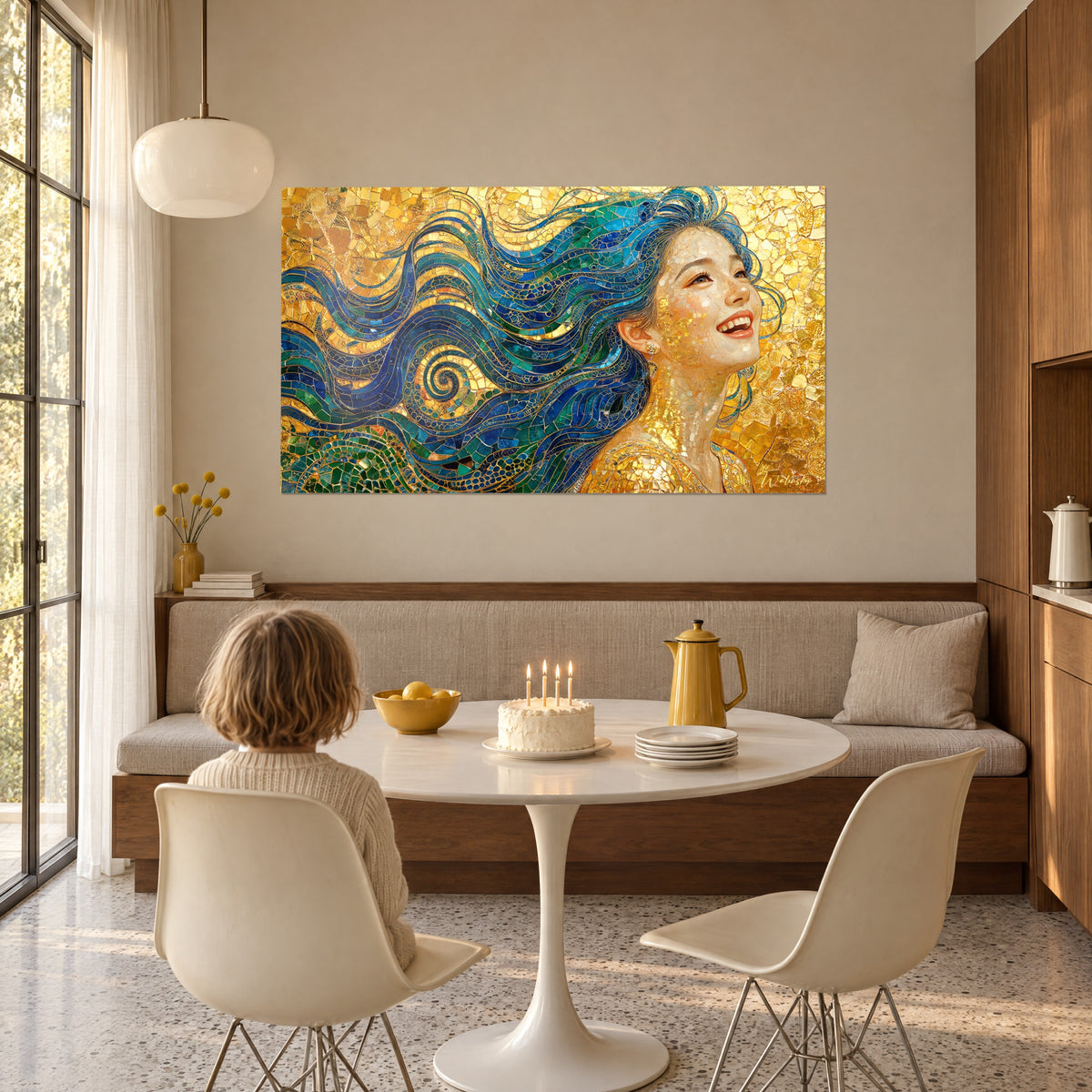 Tableau jeune femme en tesselles d'or, cheveux ondulants bleu roi et vert jade, face à une table ronde blanche et un gâteau d'anniversaire