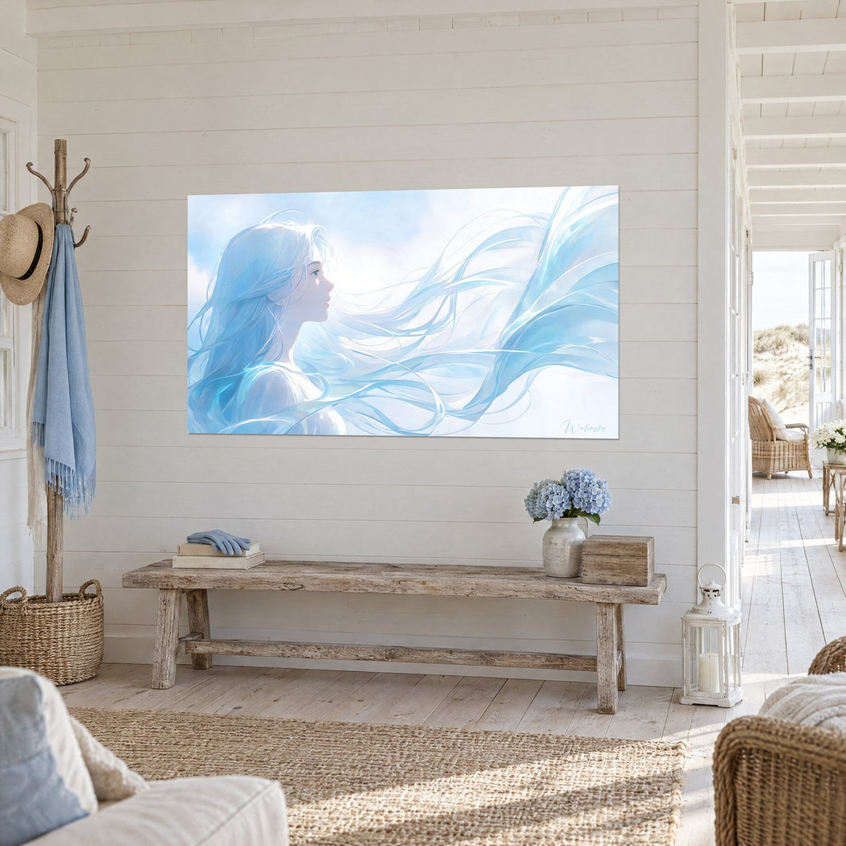 Tableau visage serein en profil, chevelure bleu glacier et voiles blancs ondulants, vue de trois-quarts dans un séjour de bord de mer