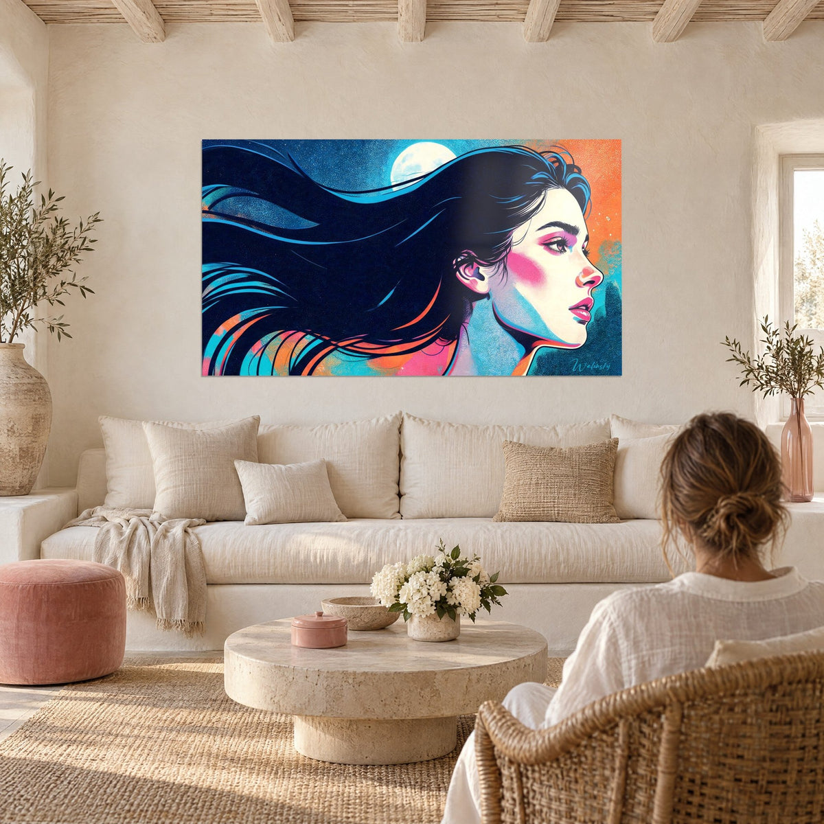 Wall art profile portrait of a brunette with flowing black waves, ivory moon against a midnight blue and orange backdrop, hanging above a sofa in a bright living room