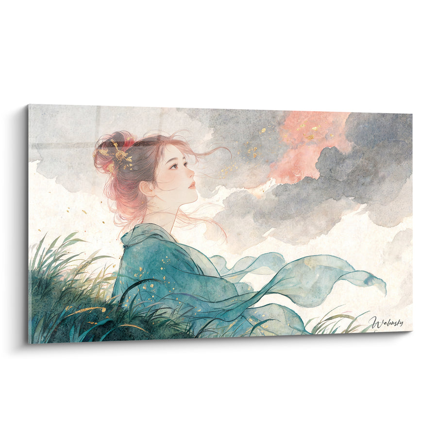 Tableau Femme chignon doré robe turquoise - Souffle céleste - Edition Coiffure