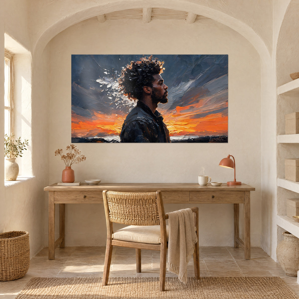 Gemälde einer Afro-Frisur in Spachteltechnik, anthrazitgraue Wolken und orangefarbenes Leuchten, cremefarbene Wand eines gewölbten Büros