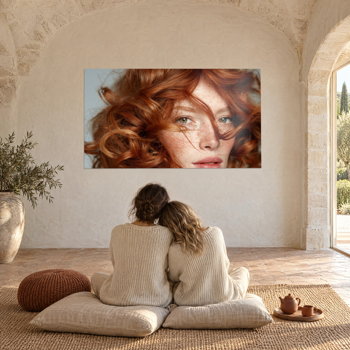 Tableau mannequin à la crinière rousse ondulée et yeux vert-gris, voûte en pierre blanche d'un mas provençal, couple enlacé sur des coussins