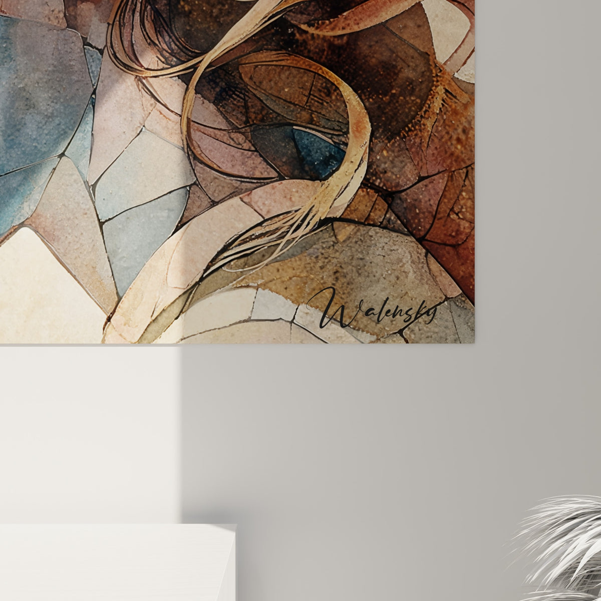Détail des empâtements aquarelle ocre et bleu pastel, mèches dorées et grain du portrait fragmenté