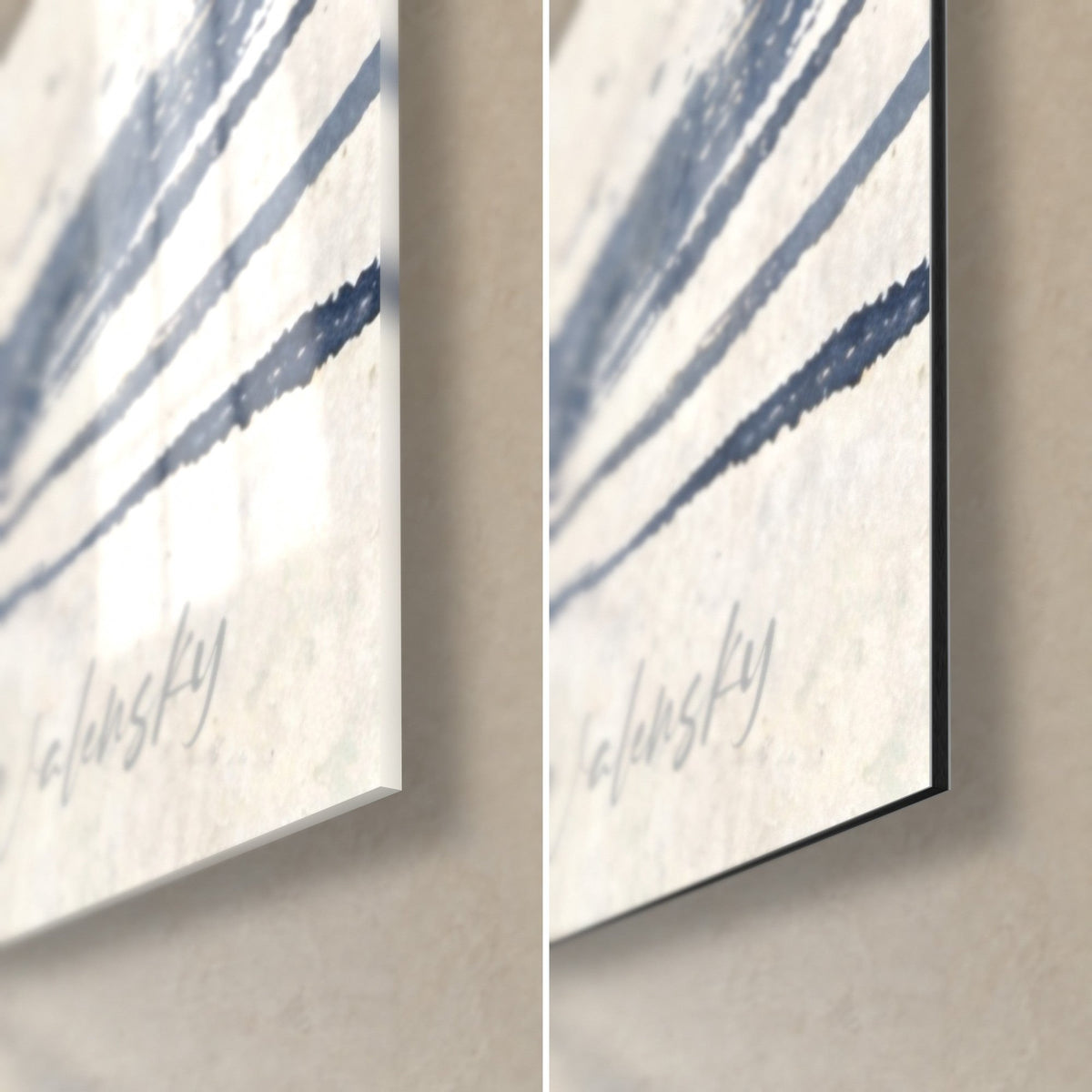 Wall art portrait of a woman in blue ink, bottom right corner: glossy acrylic glass on the left, matte black Dibond aluminum on the right