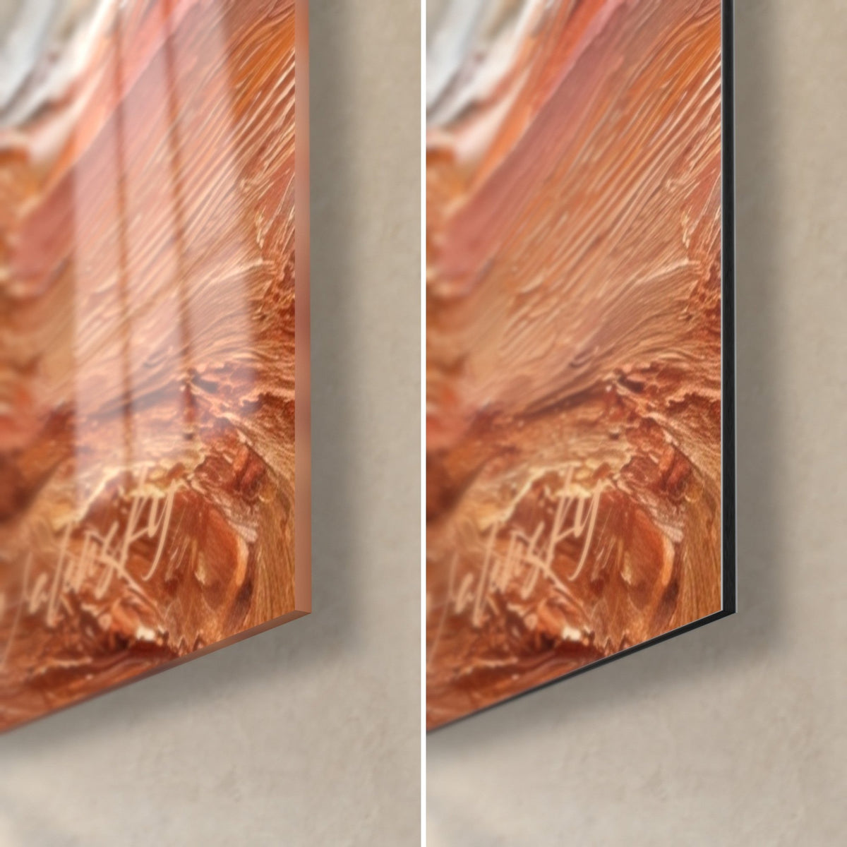 Wall art young redhead, bottom right corner: glossy acrylic glass reflecting the orange, matte Dibond aluminium and 3 mm edge