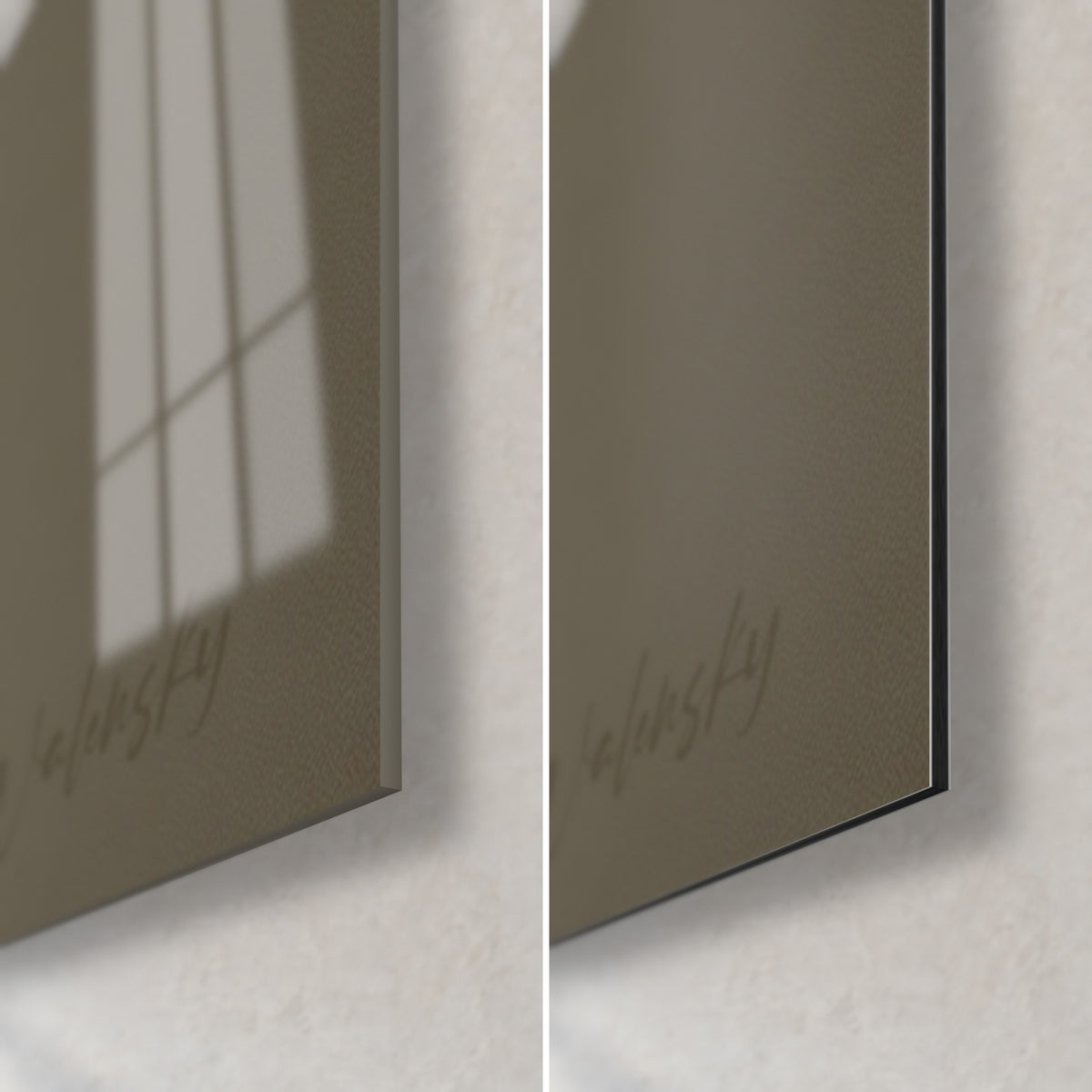 Tableau chevelure auburn en boucles, coin bas droit : verre acrylique brillant à gauche, alu Dibond gris mat à droite, tranche de 3 mm
