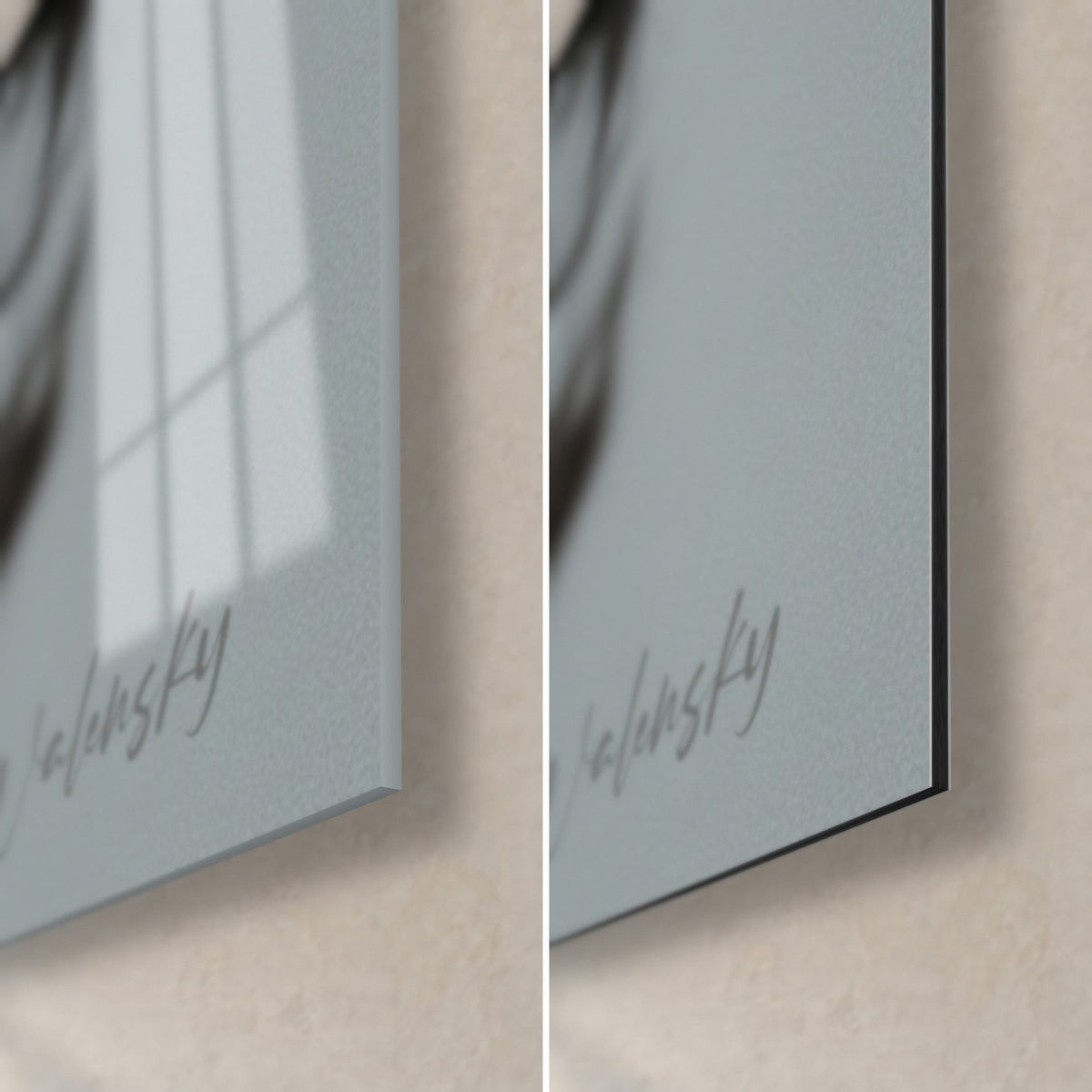 Tableau chevelure d'ébène en tourbillon, coin bas droit : verre acrylique brillant et reflets, alu Dibond gris mat, tranche 3 mm