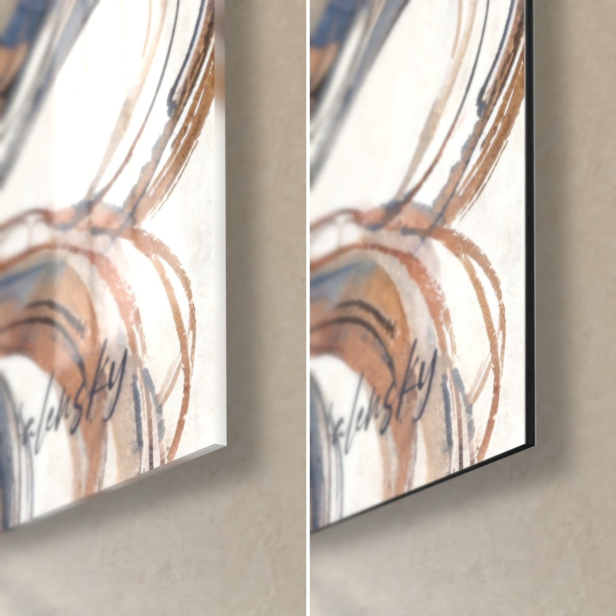Wall art young woman with navy and ginger hair, bottom right corner: glossy acrylic glass on the left, matte black Dibond on the right, 3 mm edge