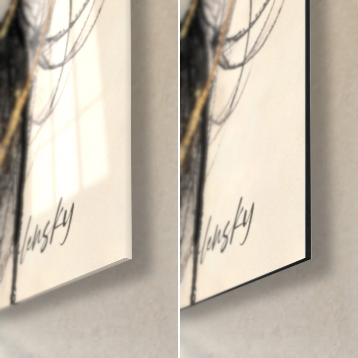 Wall art grandmother with silver hair and golden filaments, bottom right corner: glossy glass on the left, matte black Dibond on the right, thin edge