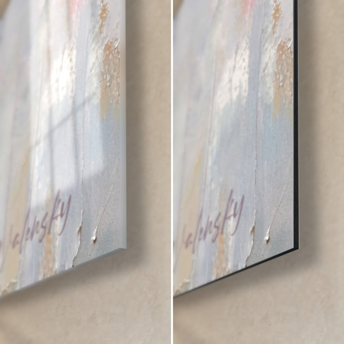 Tableau chevelure rose empâtée, coin bas droit en verre brillant et Dibond noir mat, signature grise et tranche de 3 mm