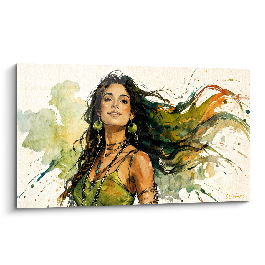 Tableau Femme brune aux cheveux envolés vert et noir - Boucles d'oreilles rondes - Edition Coiffure