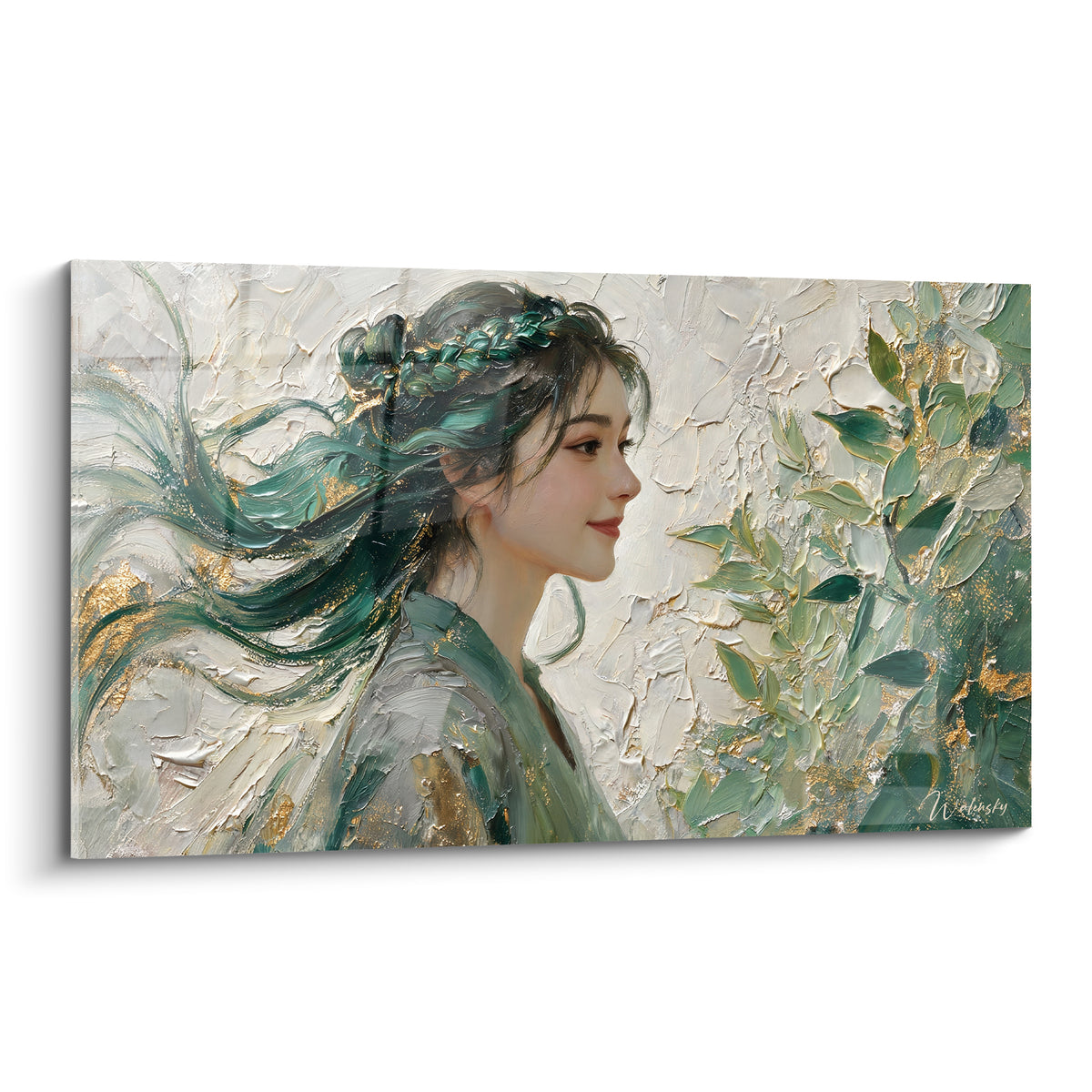 Tableau profil féminin aux cheveux vert émeraude et mèches dorées sur fond feuillu texturé