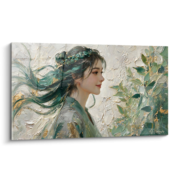 Tableau Portrait féminin vert et doré aux feuilles - Rêverie du vent - Edition Coiffure