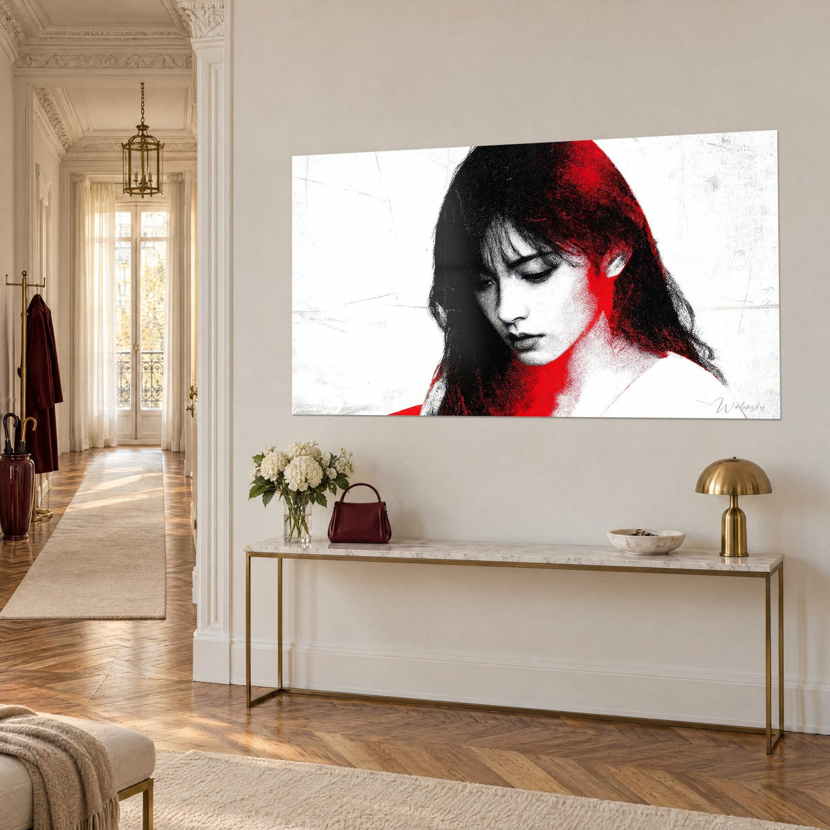 Tableau jeune brune pensive, trame de points noirs et éclats écarlates sur papier blanc craquelé, vue de trois-quarts sur console dorée