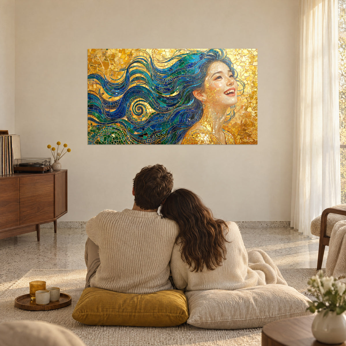 Tableau mosaïque dorée, mèches bleu outremer et vertes balayées par le vent, contemplée par un couple de dos assis sur des coussins moutarde