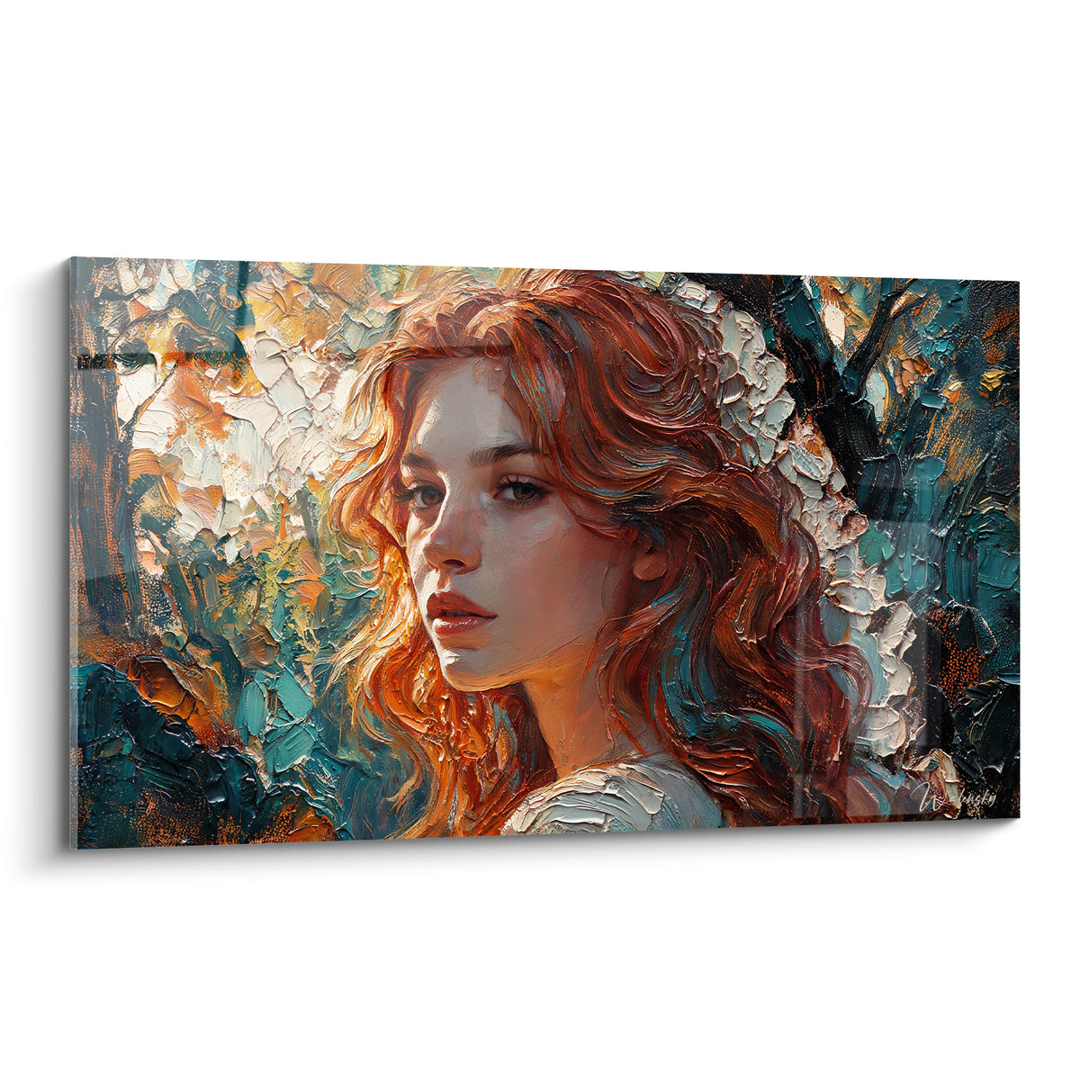 Portrait de femme aux cheveux roux ondulés, fond turquoise et cuivré, peinture texturée au couteau