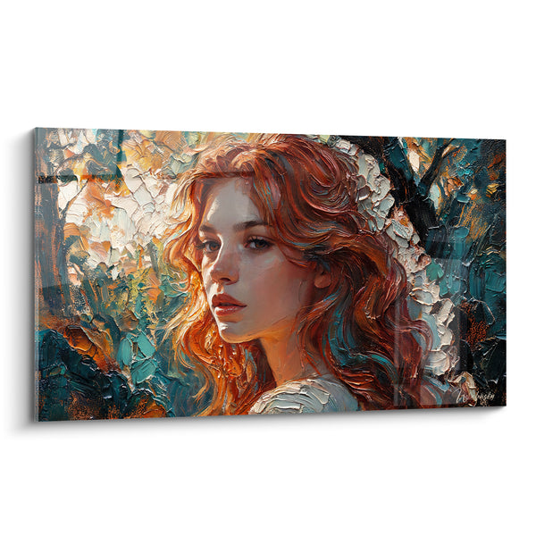 Tableau Femme rousse aux boucles cuivrées et turquoise - Éveil sylvestre - Edition Coiffure