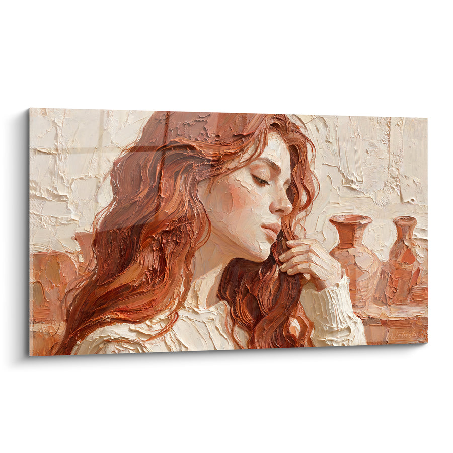 Tableau Femme rousse chevelure texturée cuivre et ivoire - Rêverie cuivrée - Edition Coiffure