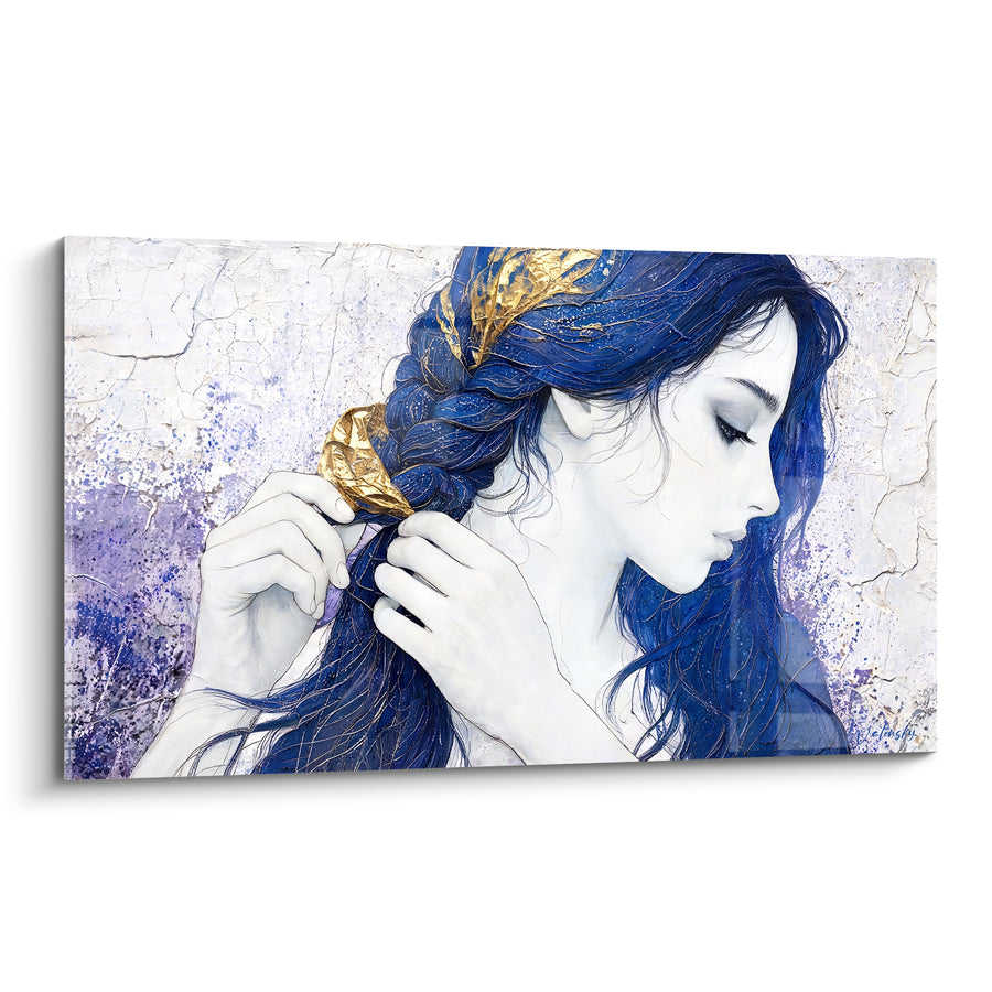 Tableau Femme tressant sa chevelure bleue et dorée - Rituel de soi - Edition Coiffure