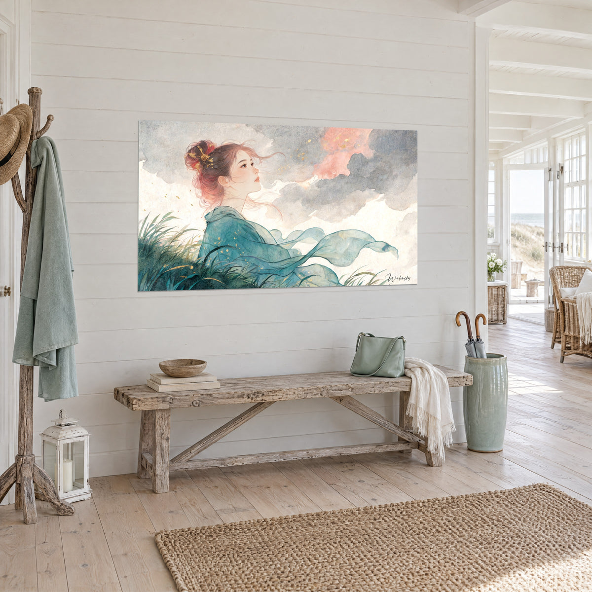 Gemälde Aquarellporträt einer Träumerin mit blaugrünem Schleier, der im Gras weht, grauer und rosa Himmel, in einem Strandhaus