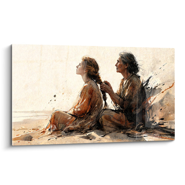 Schilderij Vrouwen vlechtend haar op het strand - Gedeelde vlecht - Editie Haarstijl