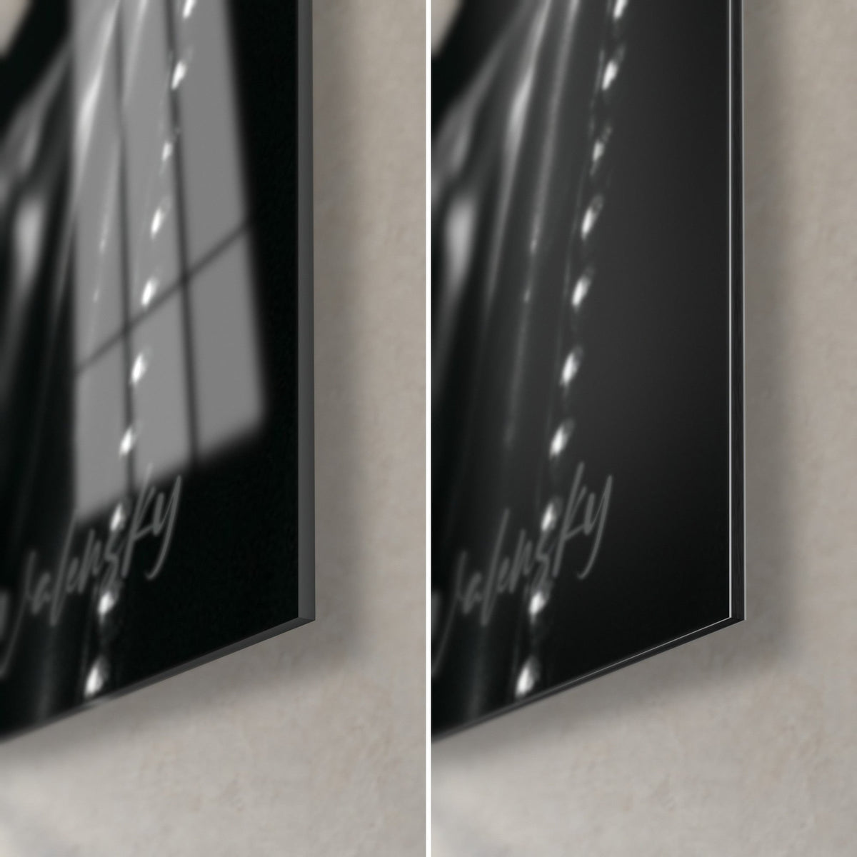 Wall art of a female portrait in black and white, bottom right corner: glossy acrylic glass with reflections on the left, matte grey Dibond aluminum on the right, 3 mm edge