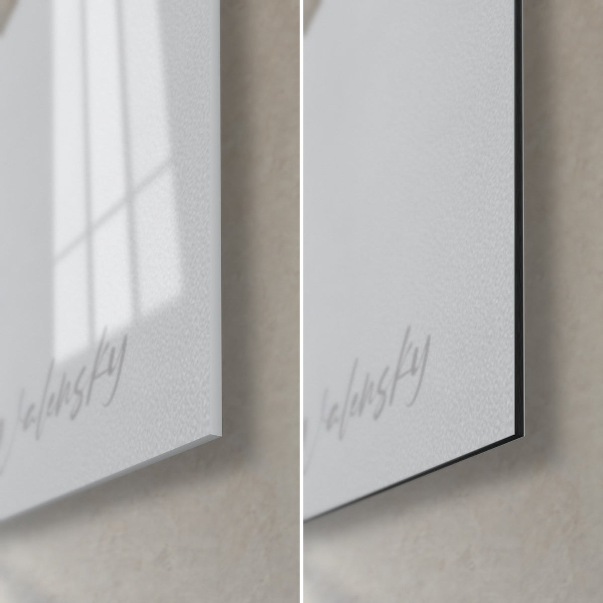 Wall art portrait of a blonde woman, bottom right corner: glossy acrylic glass on the left, matte white Dibond on the right, 3 mm edge