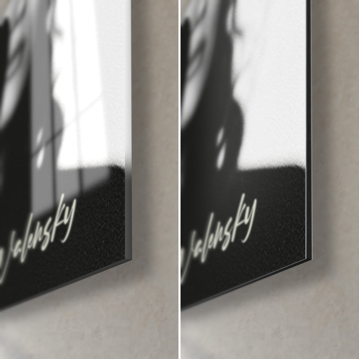 Schilderij wild waaiend haar, rechtsonder: glanzend acrylglas links, mat Dibond-aluminium rechts, rand van 3 mm, signatuur Walensky