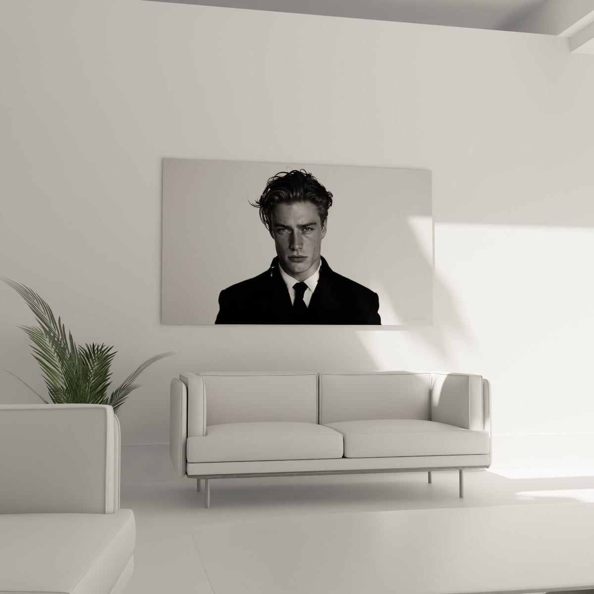 Visage saisi en noir et blanc, mèches ondulées et costume sombre, tableau au-dessus d'un canapé dans un salon lumineux