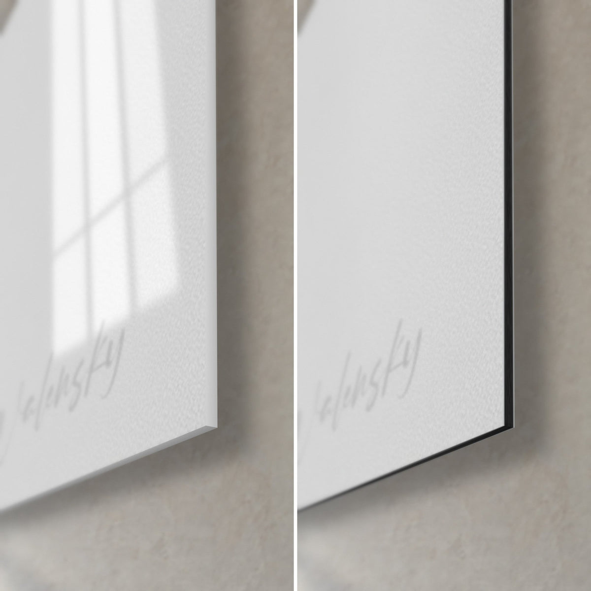 Wall art male portrait in a black suit, bottom right corner: glossy acrylic glass on the left, matte white Dibond aluminium on the right, 3 mm edge