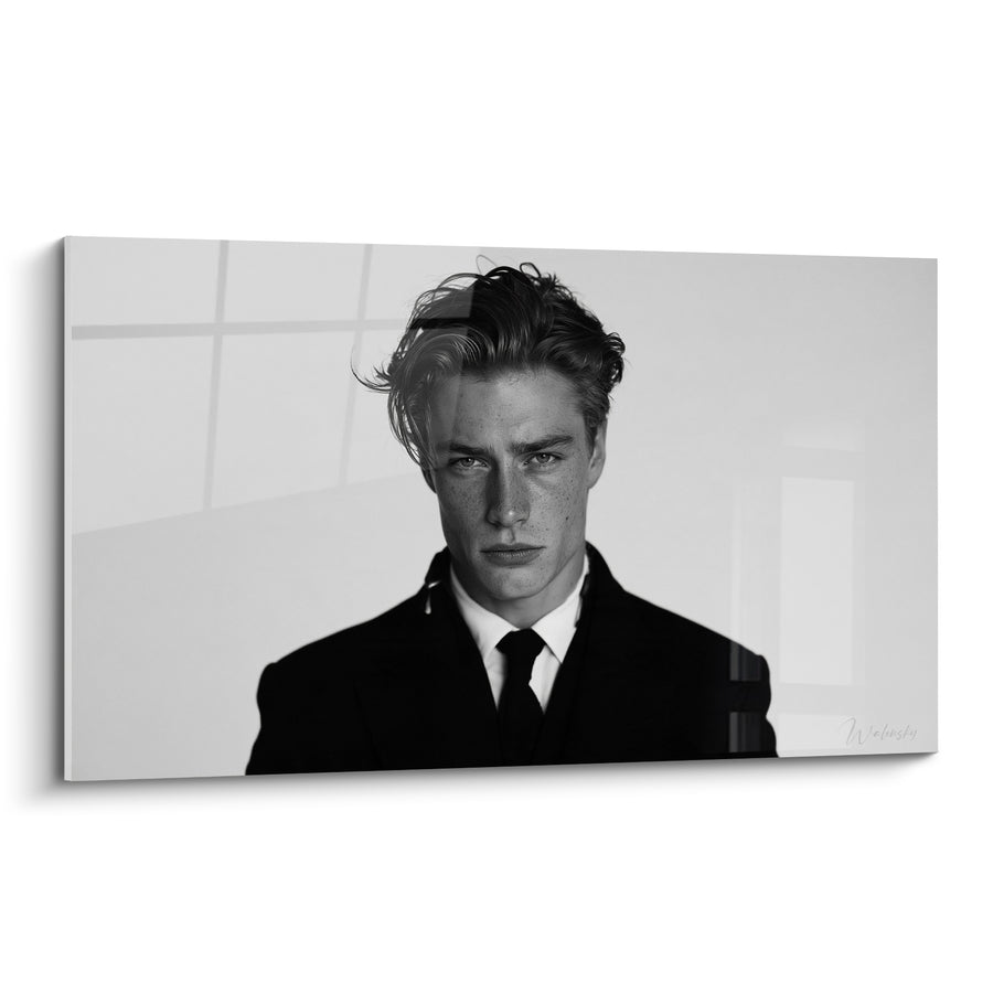 Tableau Homme costume noir chevelure décoiffée grise - Cravate fine sombre - Edition Coiffure