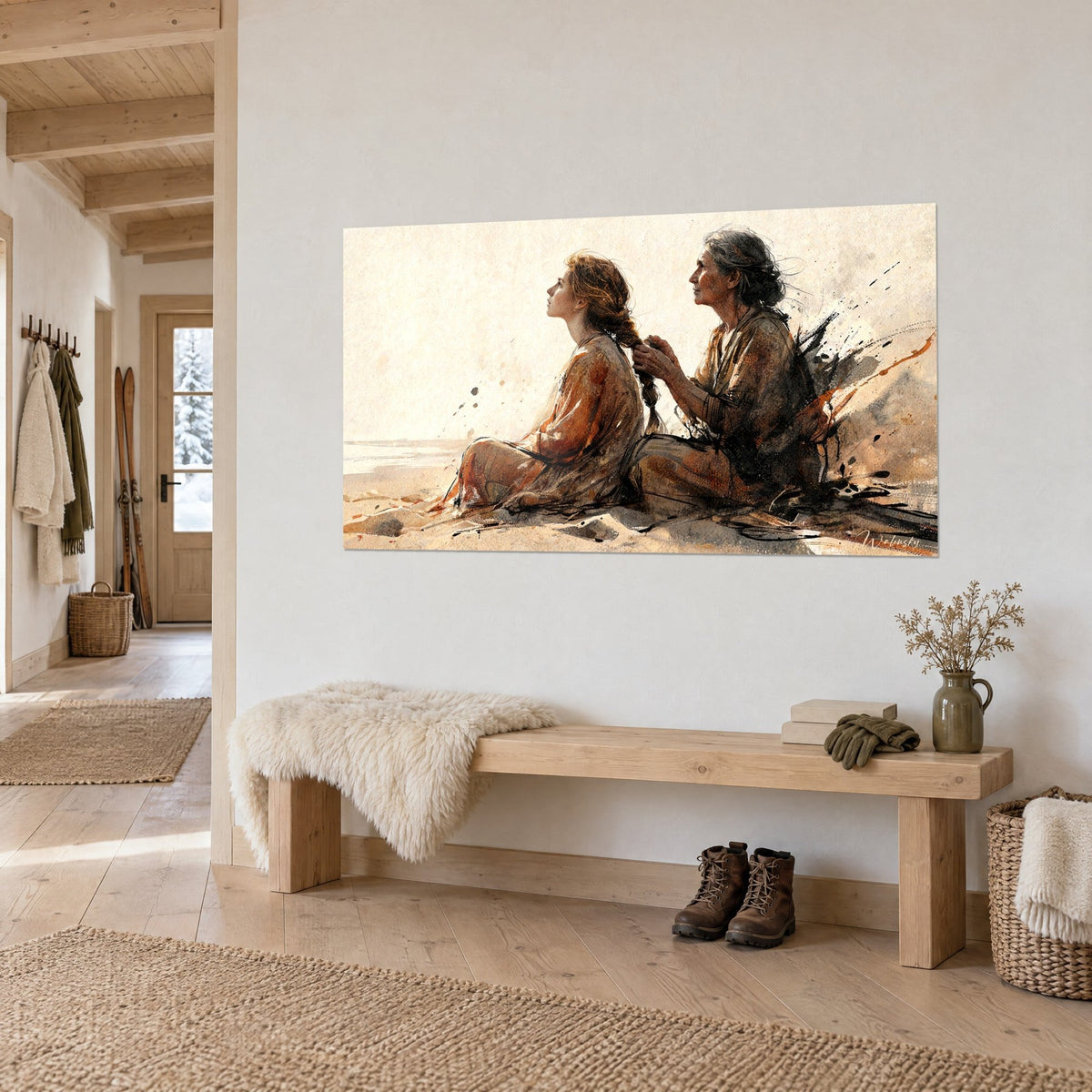 Wall art grey-haired grandmother braiding a copper mane, orange and black tunics, splashed ink, chalet bench
