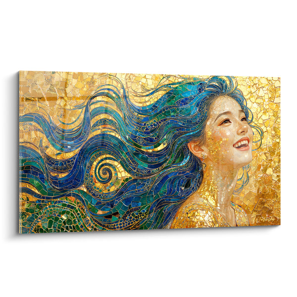 Tableau Femme aux mèches bleu et doré - Envolée joyeuse - Edition Coiffure
