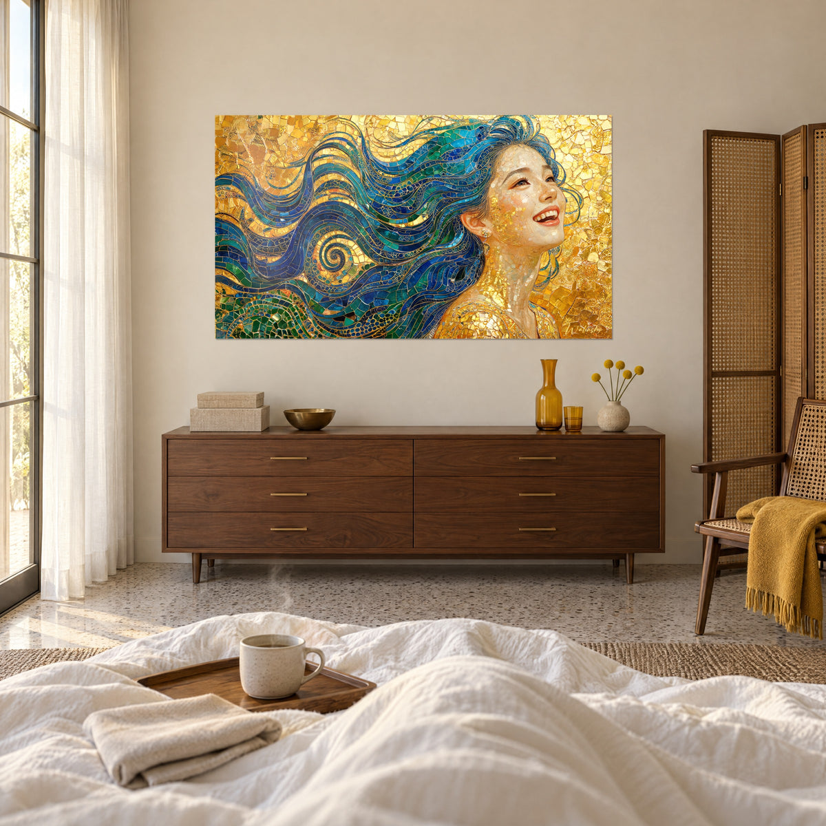 Tableau portrait lumineux, sourire éclatant et boucle d'oreille dorée, cheveux azur et émeraude, au-dessus d'un lit dans une chambre claire