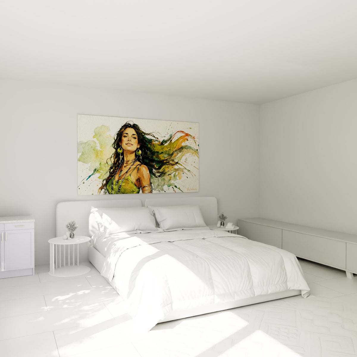 Portrait féminin chevelure verte et terracotta accroché au-dessus d'un lit dans une chambre claire