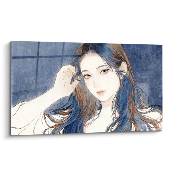 Painting Portrait of Woman in Navy Blue and Red with Waves - Silent Dream - Hairstyle Edition